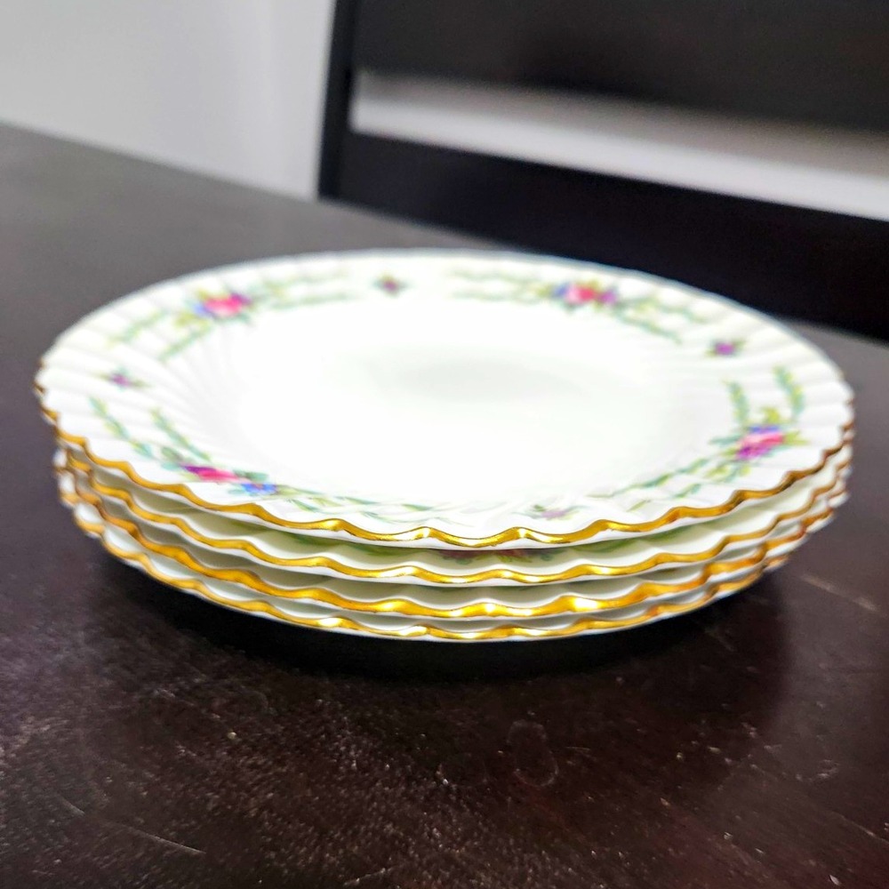 Minton Chiltern Floral 4 Porcelain Salad Plates Gold Trim Scalloped Edge 8 in